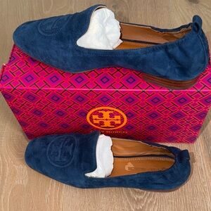 Tory Burch Navy Suede Logo Slip-On Loafers